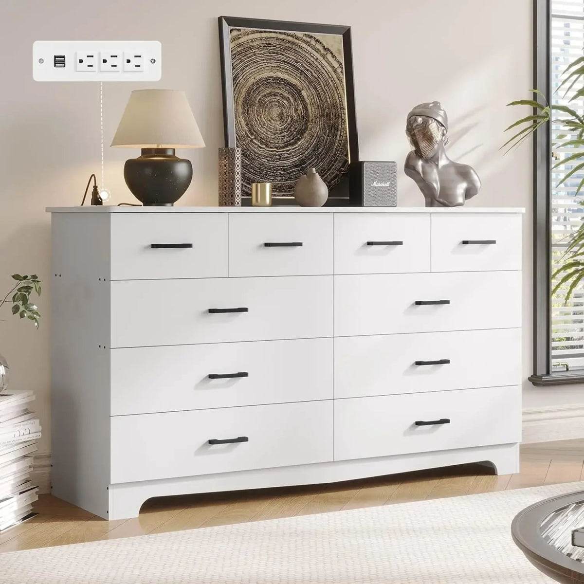 Modern 10-Drawer Engineered Wood Dresser With Charging Station - Omega Lifestyles
