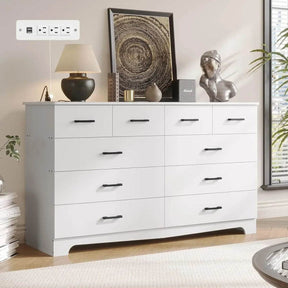 Modern 10-Drawer Engineered Wood Dresser With Charging Station - Omega Lifestyles