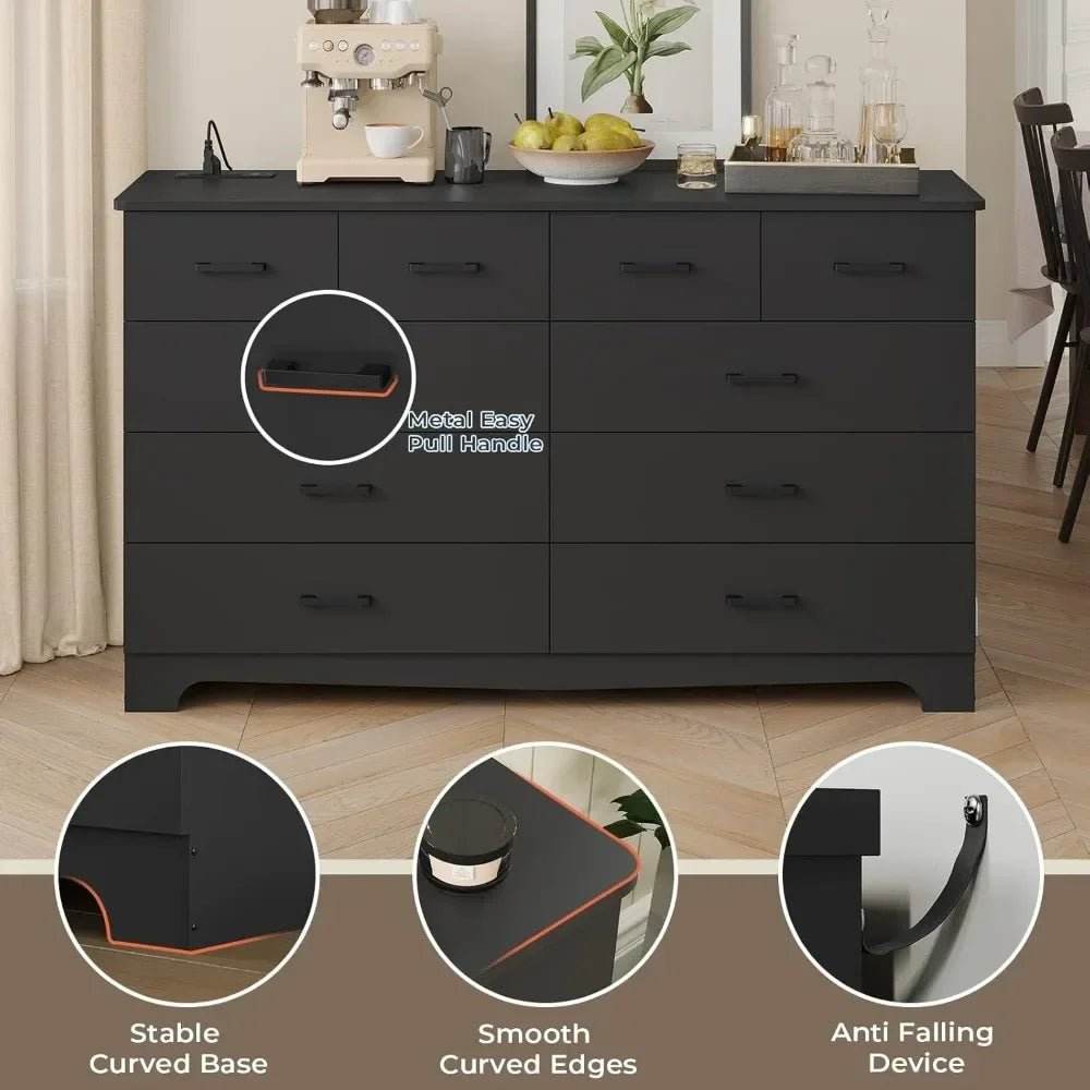 Modern 10-Drawer Engineered Wood Dresser With Charging Station - Omega Lifestyles