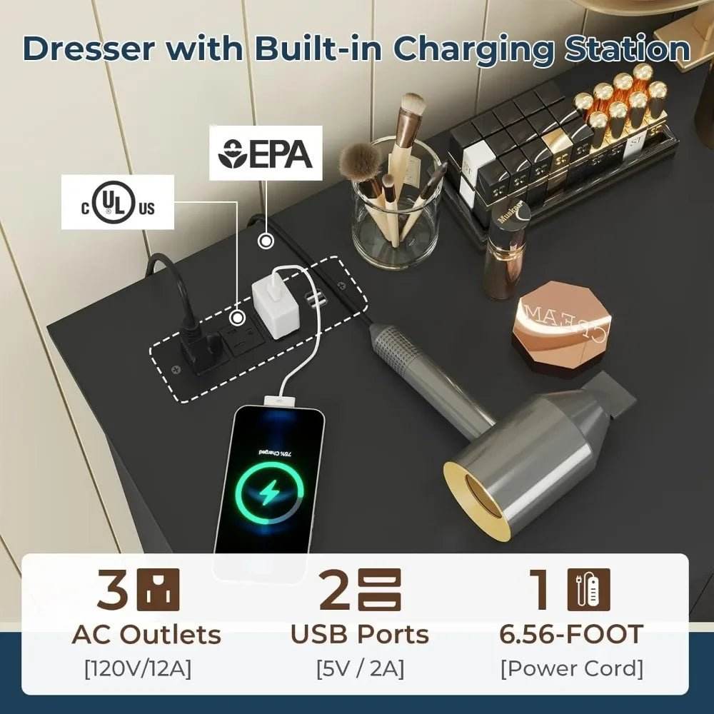 Modern 10-Drawer Engineered Wood Dresser With Charging Station - Omega Lifestyles