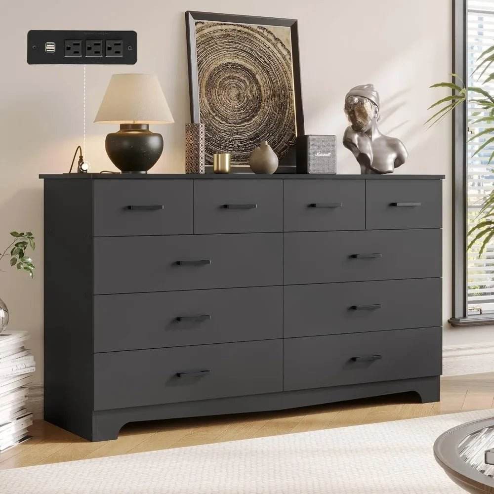 Modern 10-Drawer Engineered Wood Dresser With Charging Station - Omega Lifestyles