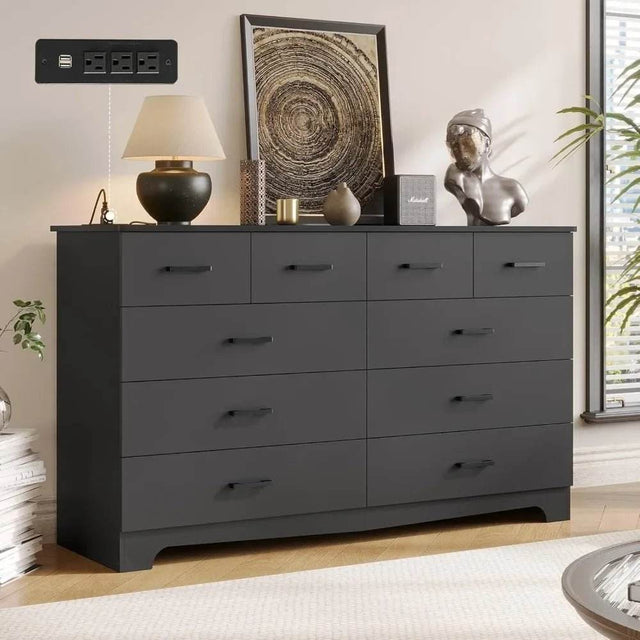Modern 10-Drawer Engineered Wood Dresser With Charging Station - Omega Lifestyles