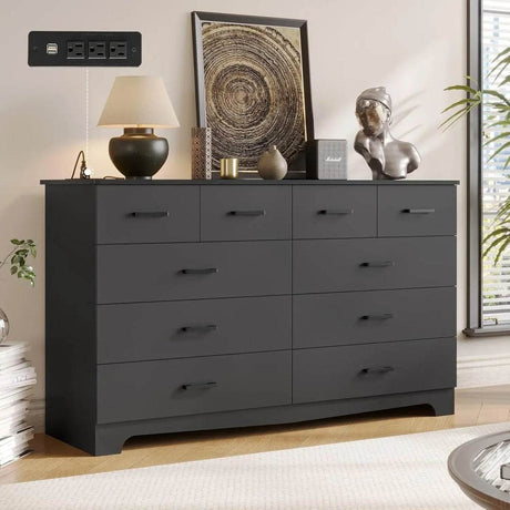 Modern 10-Drawer Engineered Wood Dresser With Charging Station - Omega Lifestyles