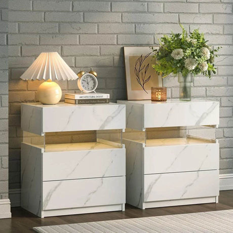 Set Of 2 Modern LED Lighted Nightstands With Storage - Omega Lifestyles