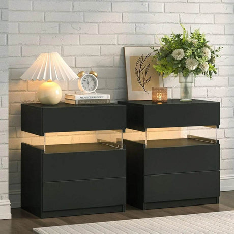 Set Of 2 Modern LED Lighted Nightstands With Storage - Omega Lifestyles