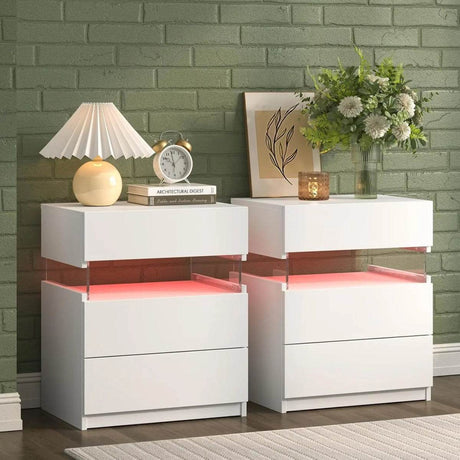 Set Of 2 Modern LED Lighted Nightstands With Storage - Omega Lifestyles
