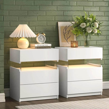 Set Of 2 Modern LED Lighted Nightstands With Storage - Omega Lifestyles