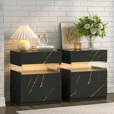 Set Of 2 Modern LED Lighted Nightstands With Storage - Omega Lifestyles