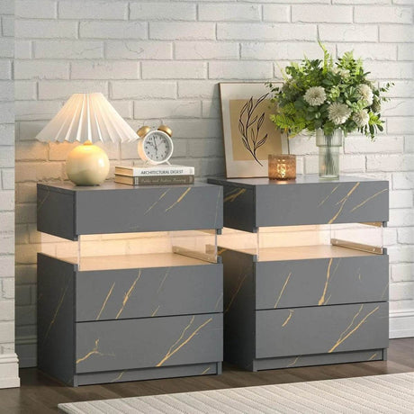 Set Of 2 Modern LED Lighted Nightstands With Storage - Omega Lifestyles