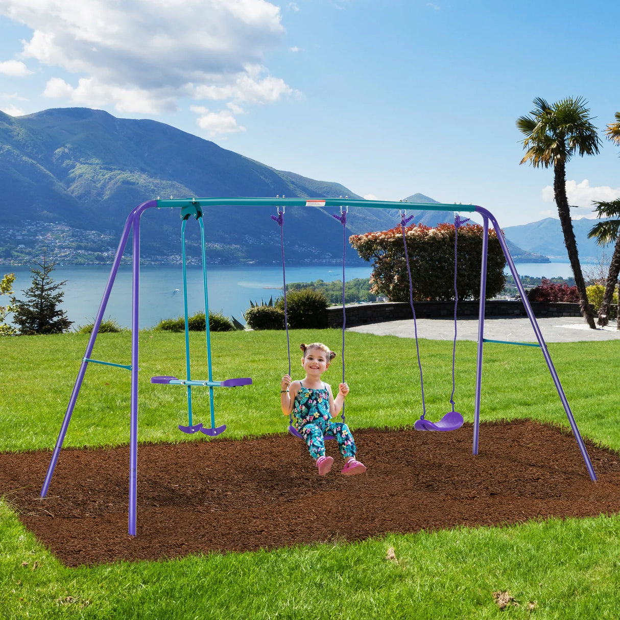 Metal Kids Swing Set With Glider And Adjustable Height - Omega Lifestyles