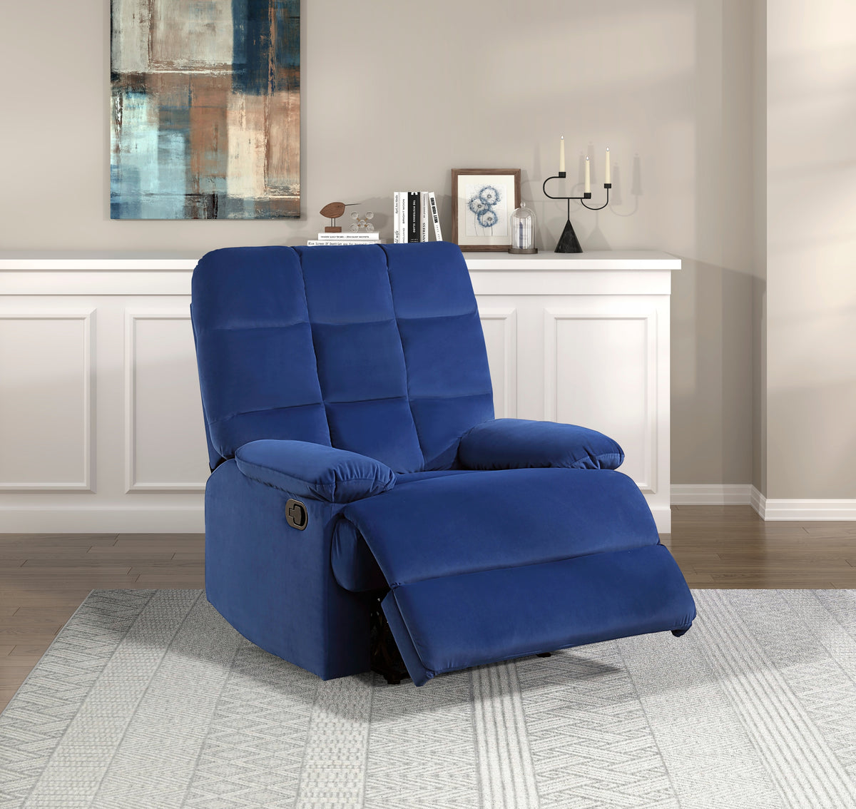 Blue Velvet Recliner Chair With Pillowtop Arms