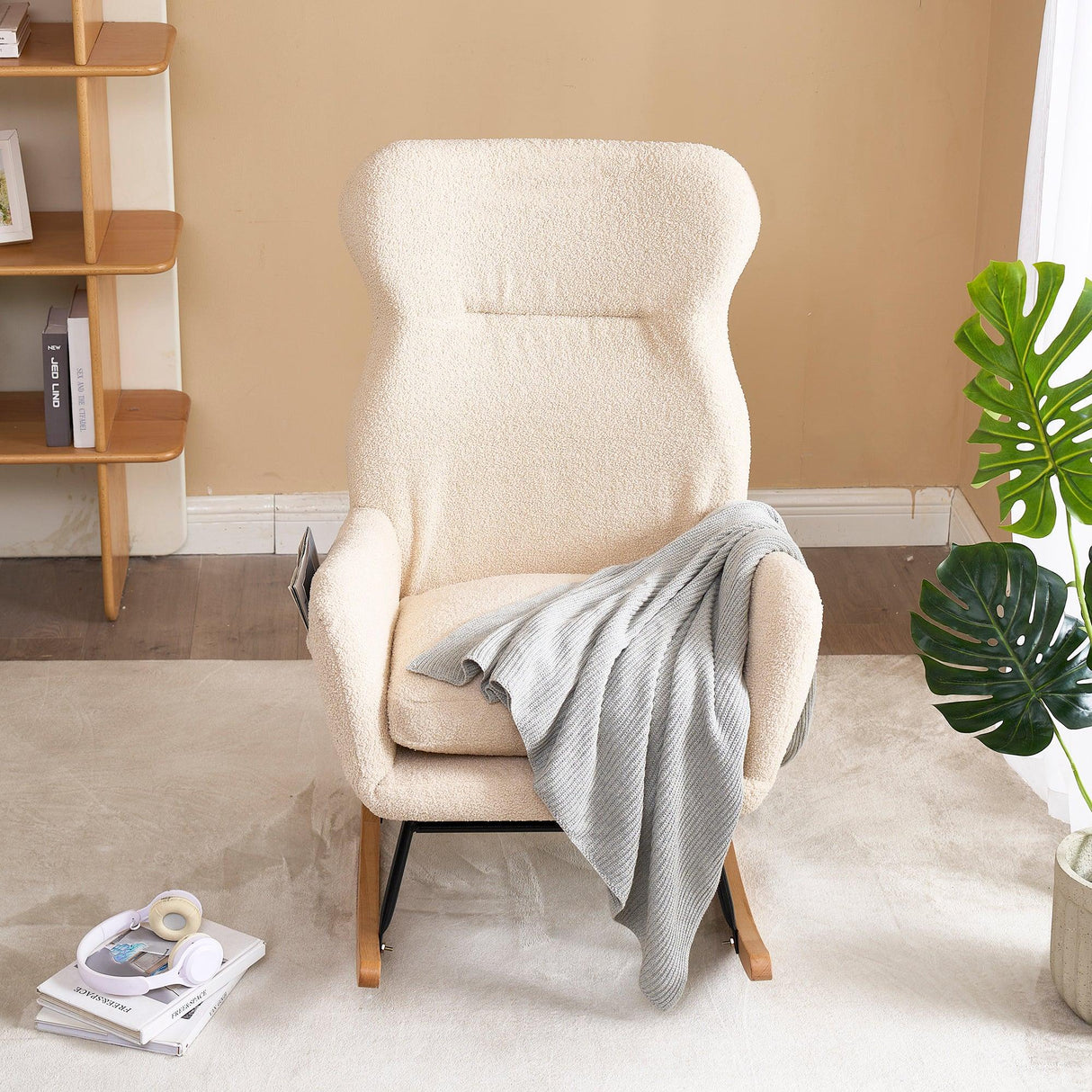 Beige Cotton Upholstered Ergonomic Rocking Chair - Omega Lifestyles