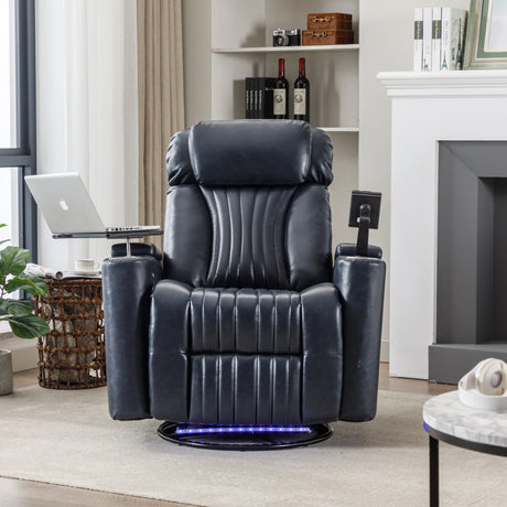 Power Swivel Blue PU Leather Recliner Chair With Tray Table - Omega Lifestyles