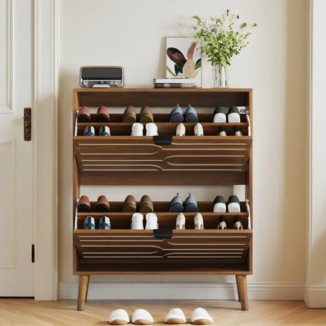 Farmhouse Walnut MDF Shoe Cabinet With Flip Drawers - Omega Lifestyles