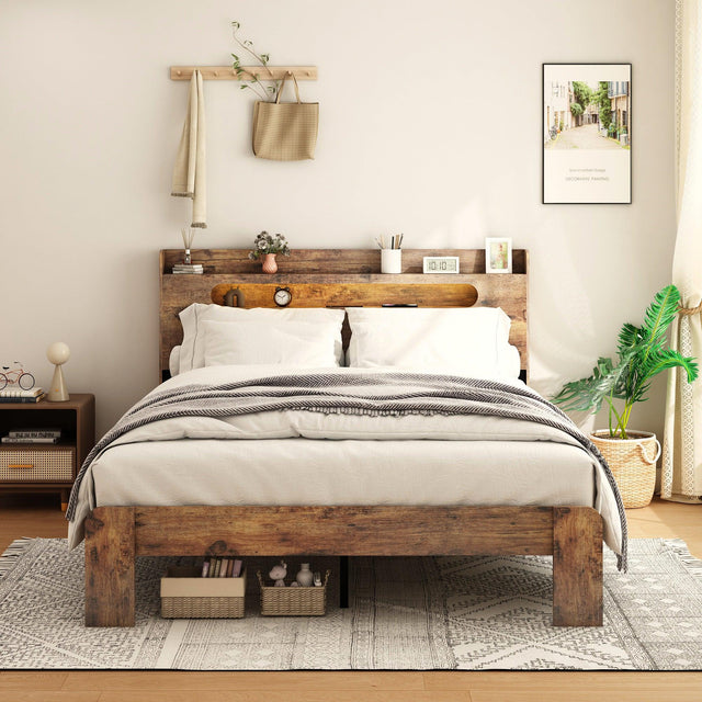 Full Wood Platform Bed Frame With Storage USB - Omega Lifestyles