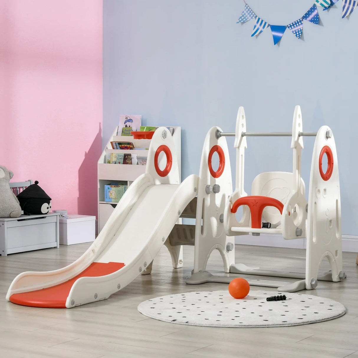 4-in-1 Indoor Toddler Swing Set With Slide and Basketball Hoop - Omega Lifestyles