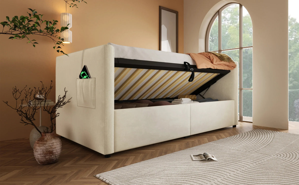Twin Beige Velvet Upholstered Hydraulic Storage Bed Frame - Omega Lifestyles
