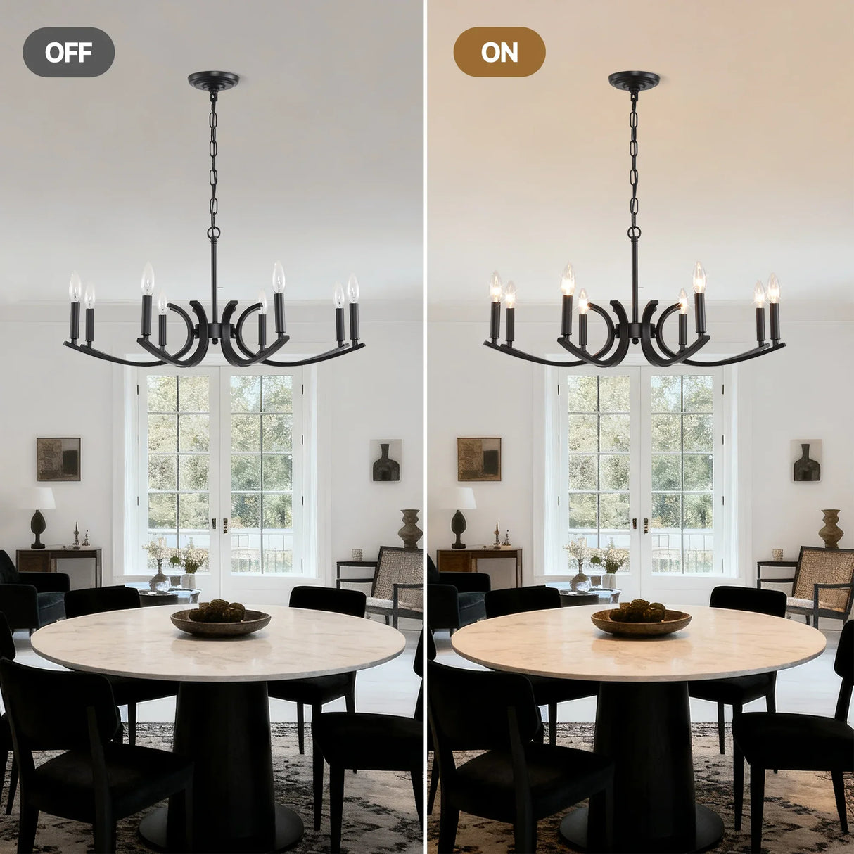 8-Light Matte Black Metal Farmhouse Chandelier Adjustable Height - Omega Lifestyles