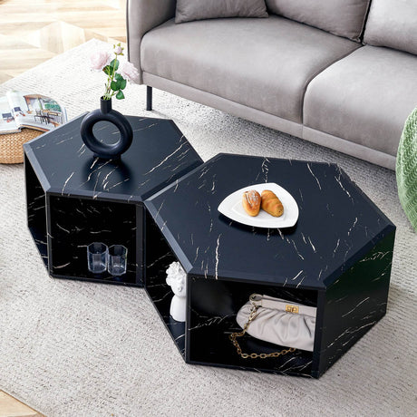 Set Of 2 Modern Minimalist Black Hexagonal Coffee Tables - Sleep Galleria