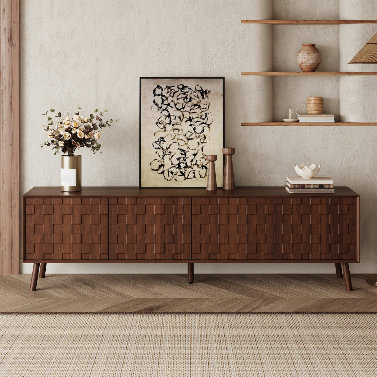 70-Inch Modern Walnut TV Stand With Soft-Closing Hinges - Omega Lifestyles