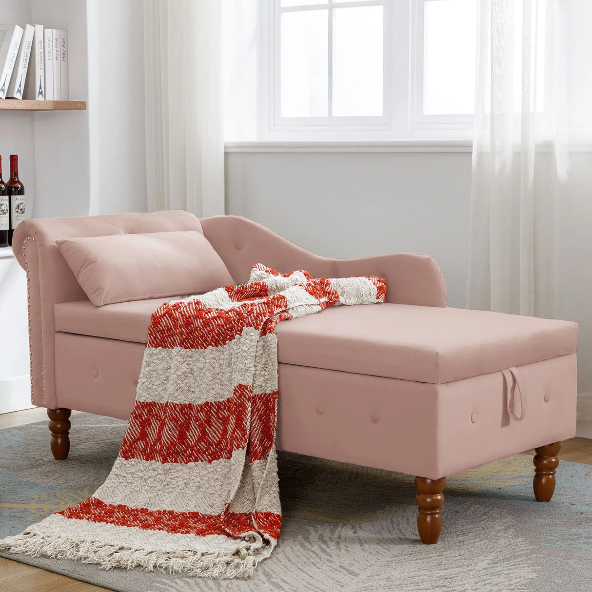 Pink Velvet Storage Chaise Lounge With Pillow - Omega Lifestyles
