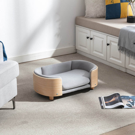 Scandinavian Style Solid Wood Elevated Pet Bed With Velvet Cushion - Sleep Galleria