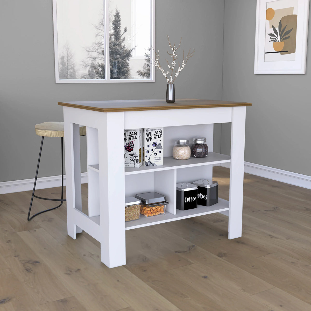White Walnut Kitchen Island With Three Storage Shelves - Omega Lifestyles