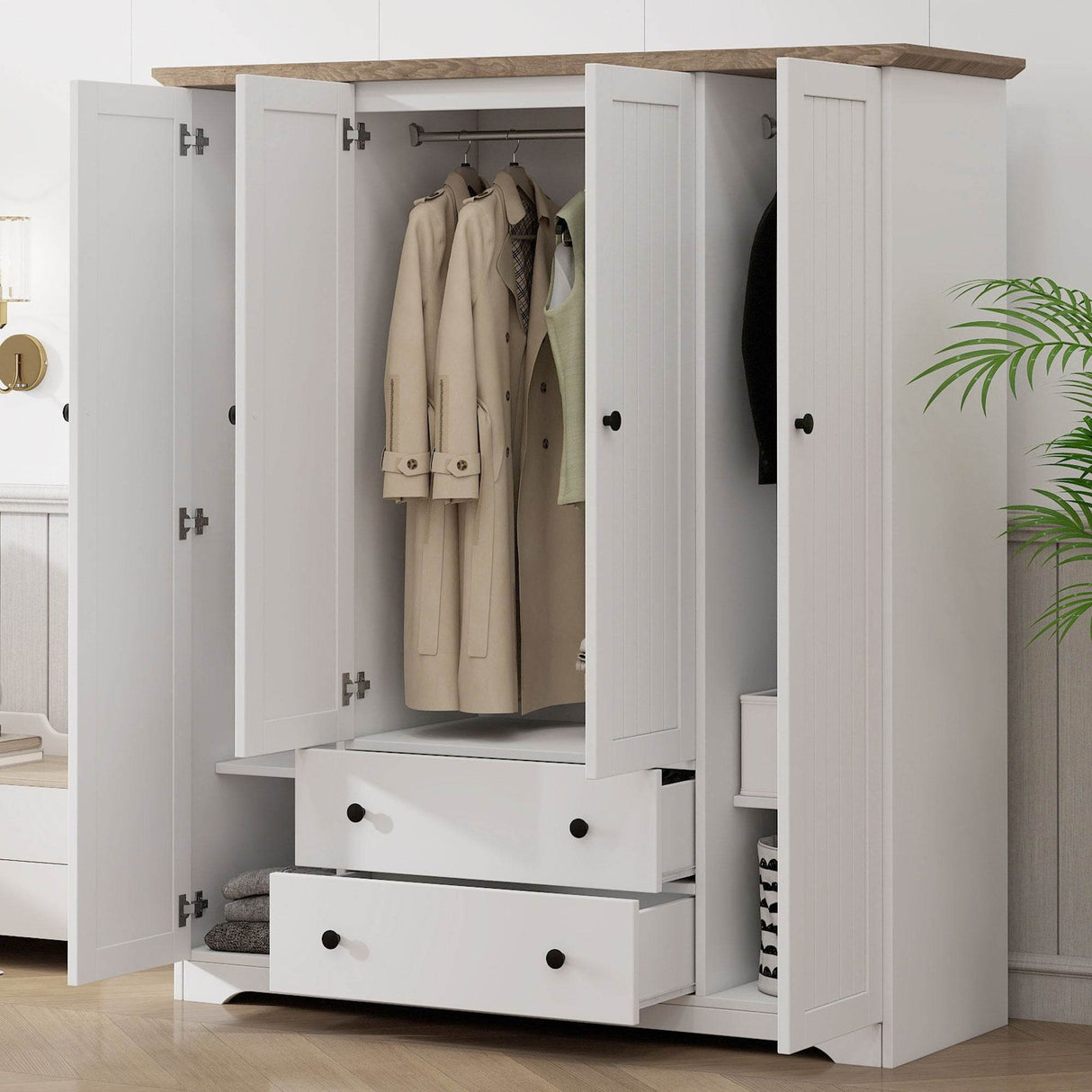 4 Door White Solid Wood MDF Wardrobe Armoire - Omega Lifestyles