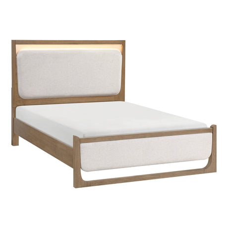 Contemporary Light Brown Wood Upholstered LED Bed Frame - Omega Lifestyles