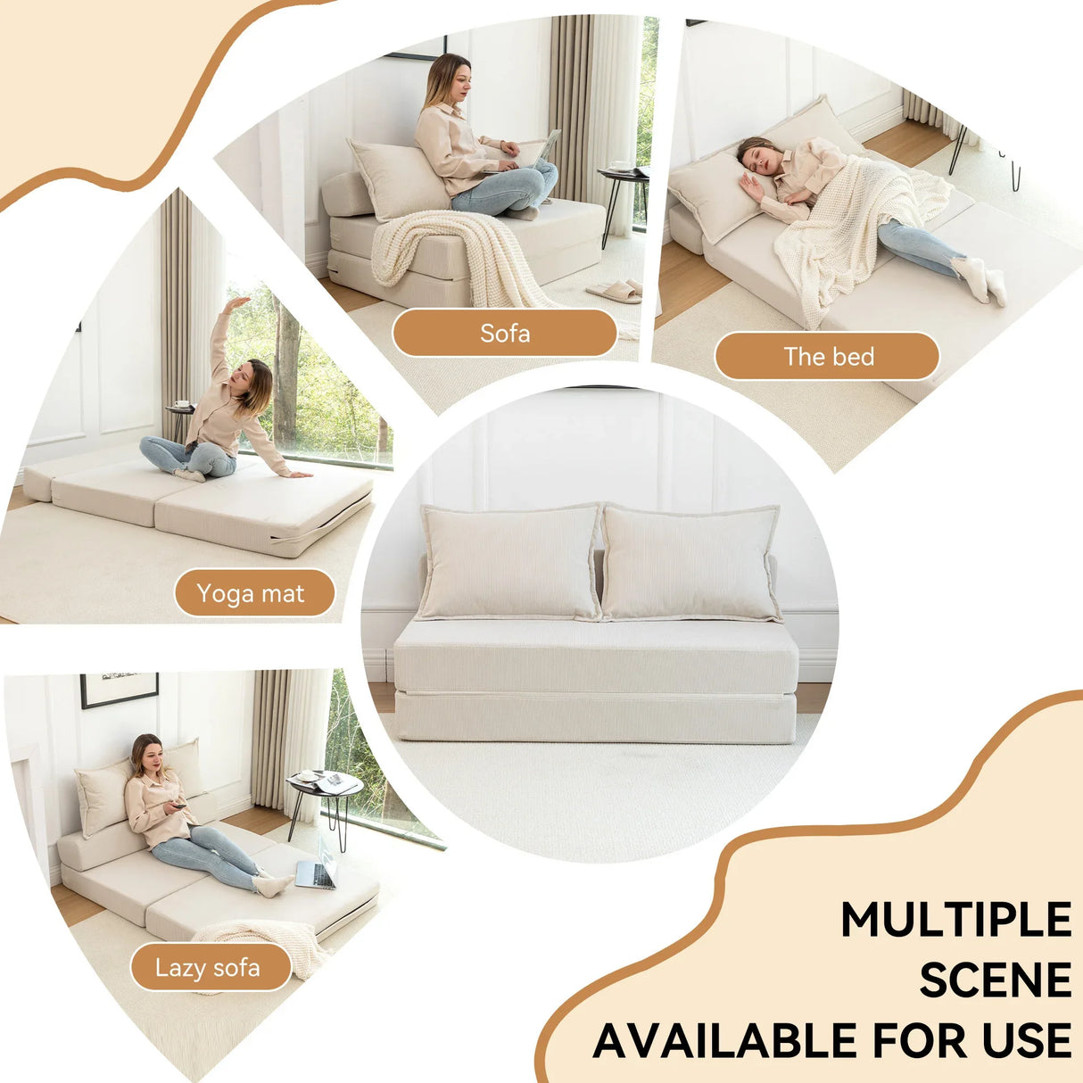 Foldable Corduroy Convertible Sofa Bed With Lumbar Pillow - Omega Lifestyles