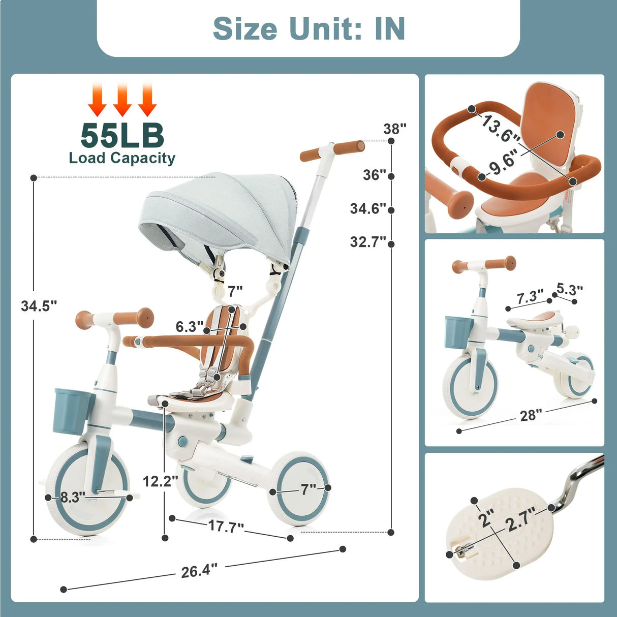 7-in-1 Multifunctional Adjustable Push Rod Toddler Tricycle - Omega Lifestyles