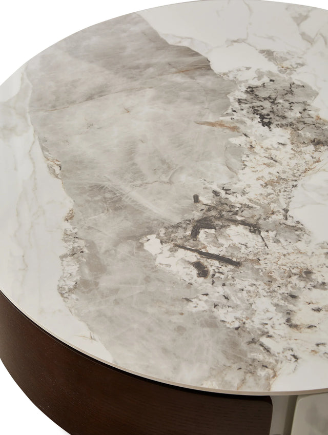 Round Ceramic Top Coffee Table With Drawers And Metal Legs - Omega Lifestyles