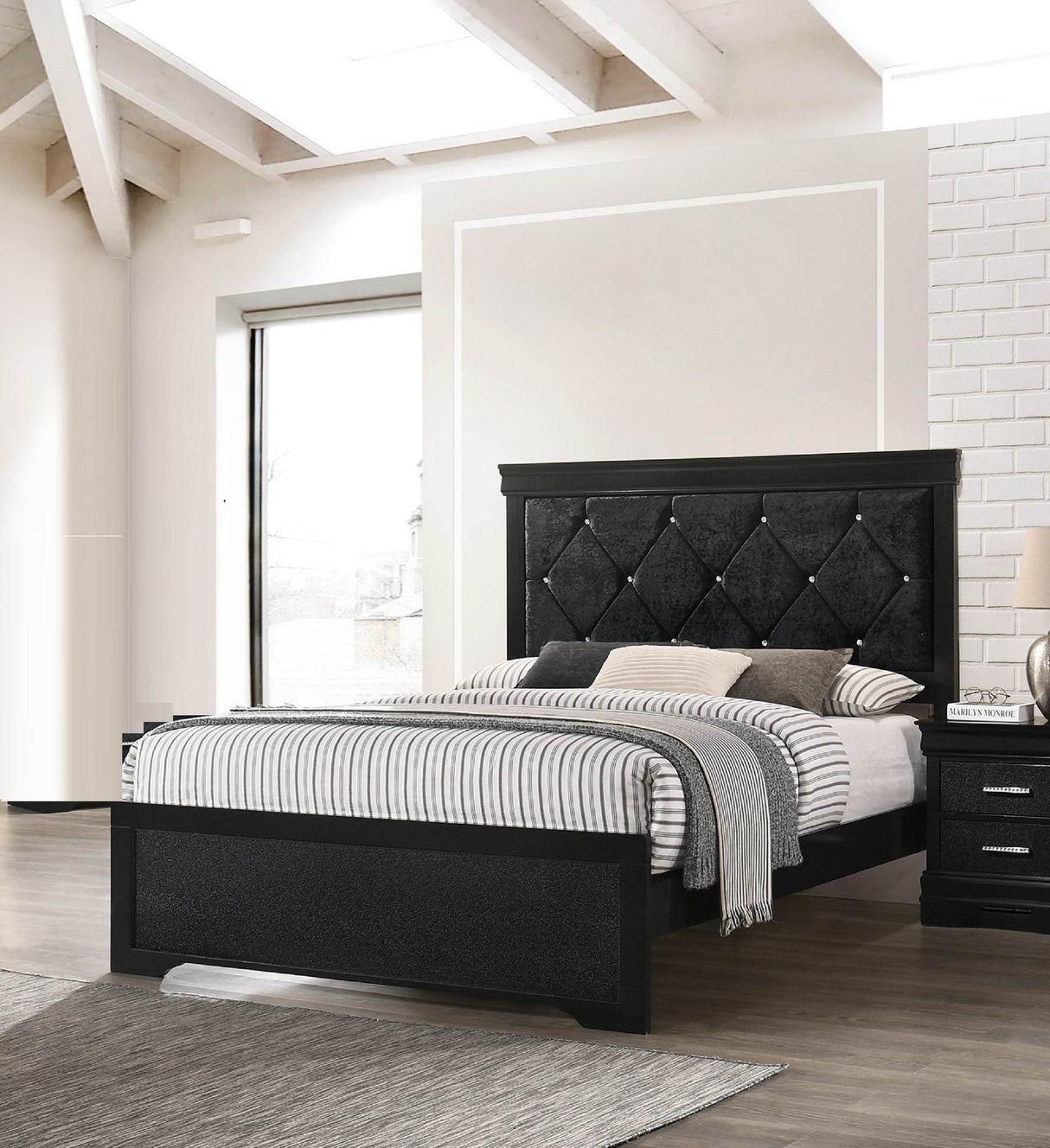 Modern Twin Panel Bed With Upholstered Button Tufted Headboard