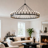 Farmhouse Matte Black Wagon Wheel Chandelier 36-Light 64-Inch - Omega Lifestyles