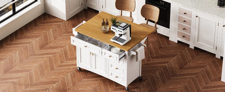 Classic Vintage Embossed White Kitchen Island On Wheels - Omega Lifestyles