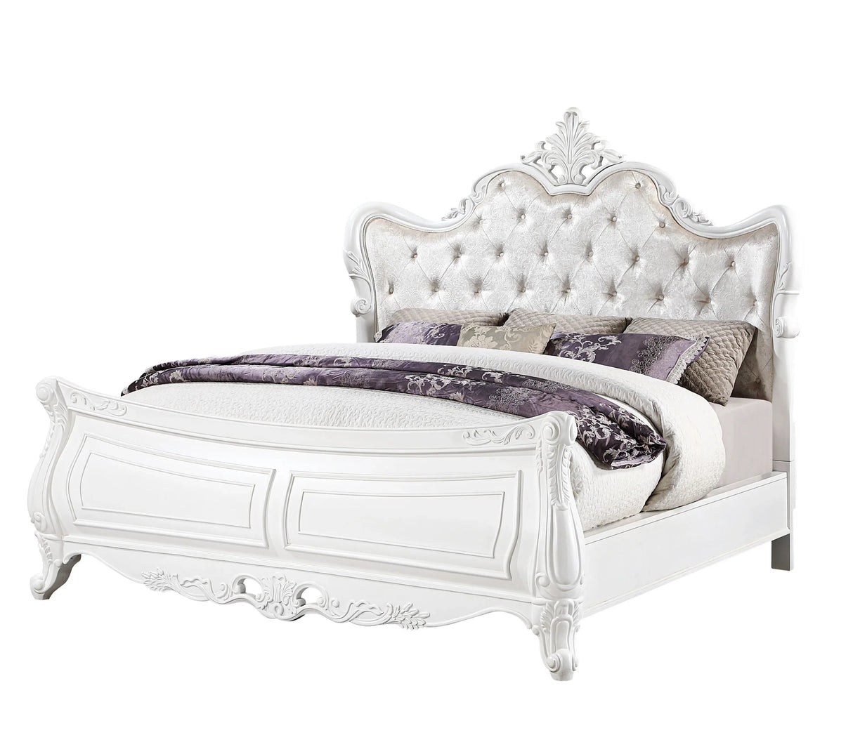 Traditional Velvet Upholstered White Wood King Bed Frame - Omega Lifestyles
