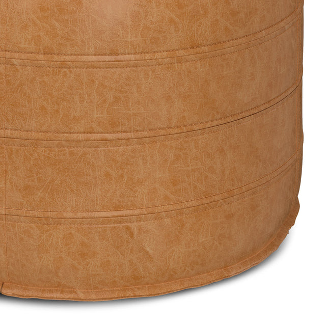 Distressed Brown Vegan Faux Leather Round Pouf - Omega Lifestyles