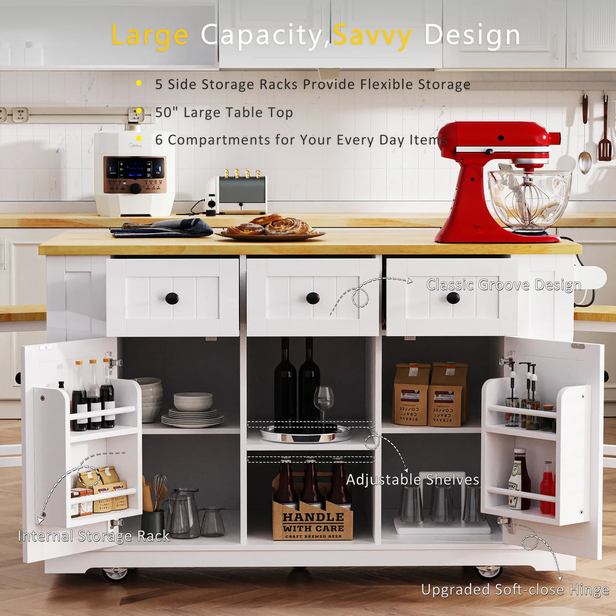 53-Inch Mobile Kitchen Island Set With Storage Drawers - Omega Lifestyles