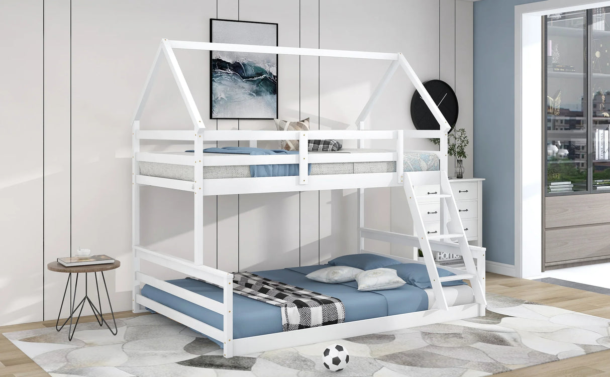 Twin Over Full Pine Wood House Bunk Bed With Ladder - Omega Lifestyles