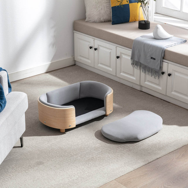 Scandinavian Style Solid Wood Elevated Pet Bed With Velvet Cushion - Omega Lifestyles