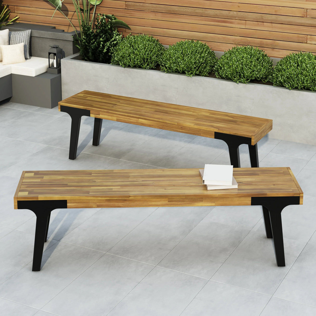 Modern Acacia Wood Dining Bench Set of 2 - Omega Lifestyles