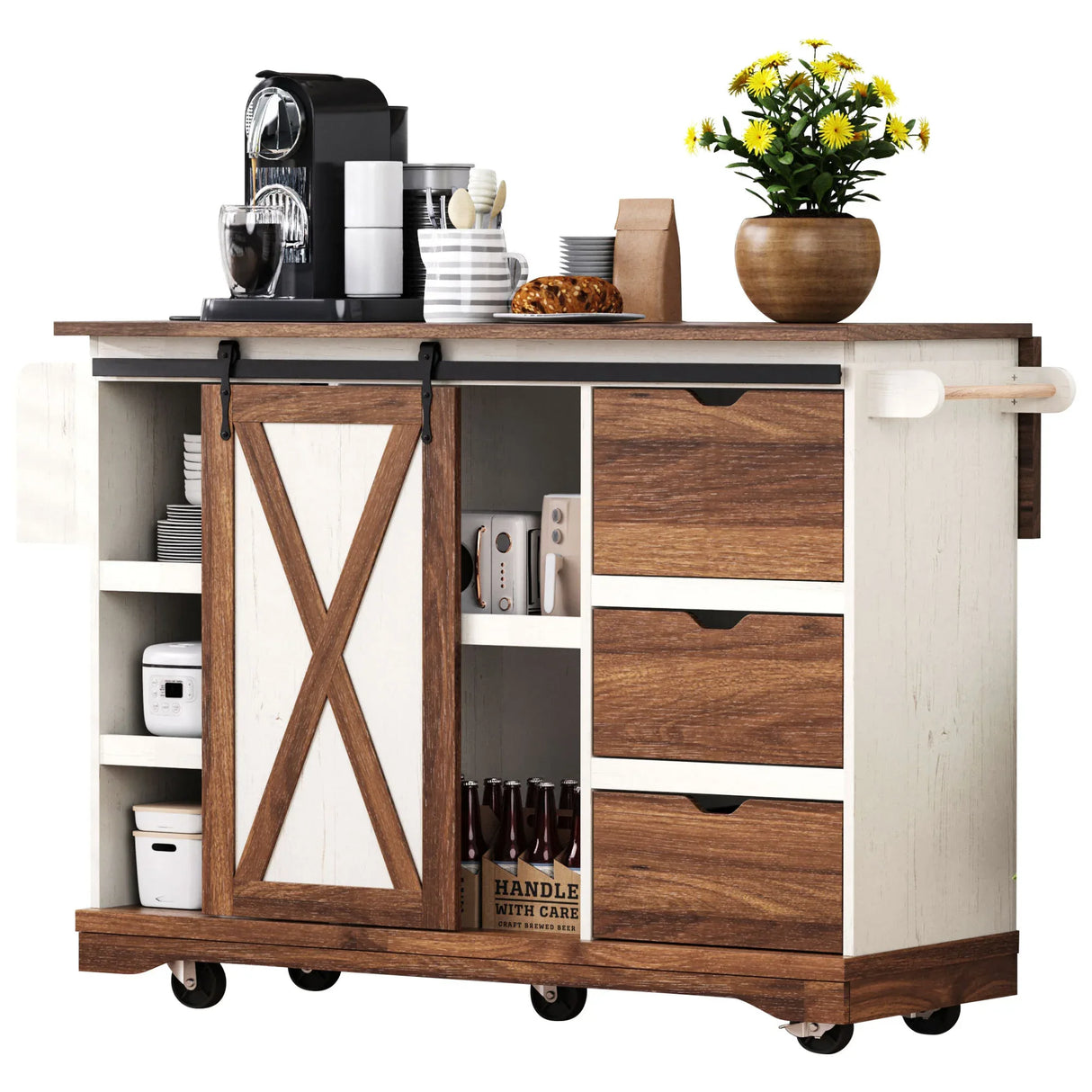 Farmhouse Sliding Barn Door Kitchen Island Cart - Omega Lifestyles