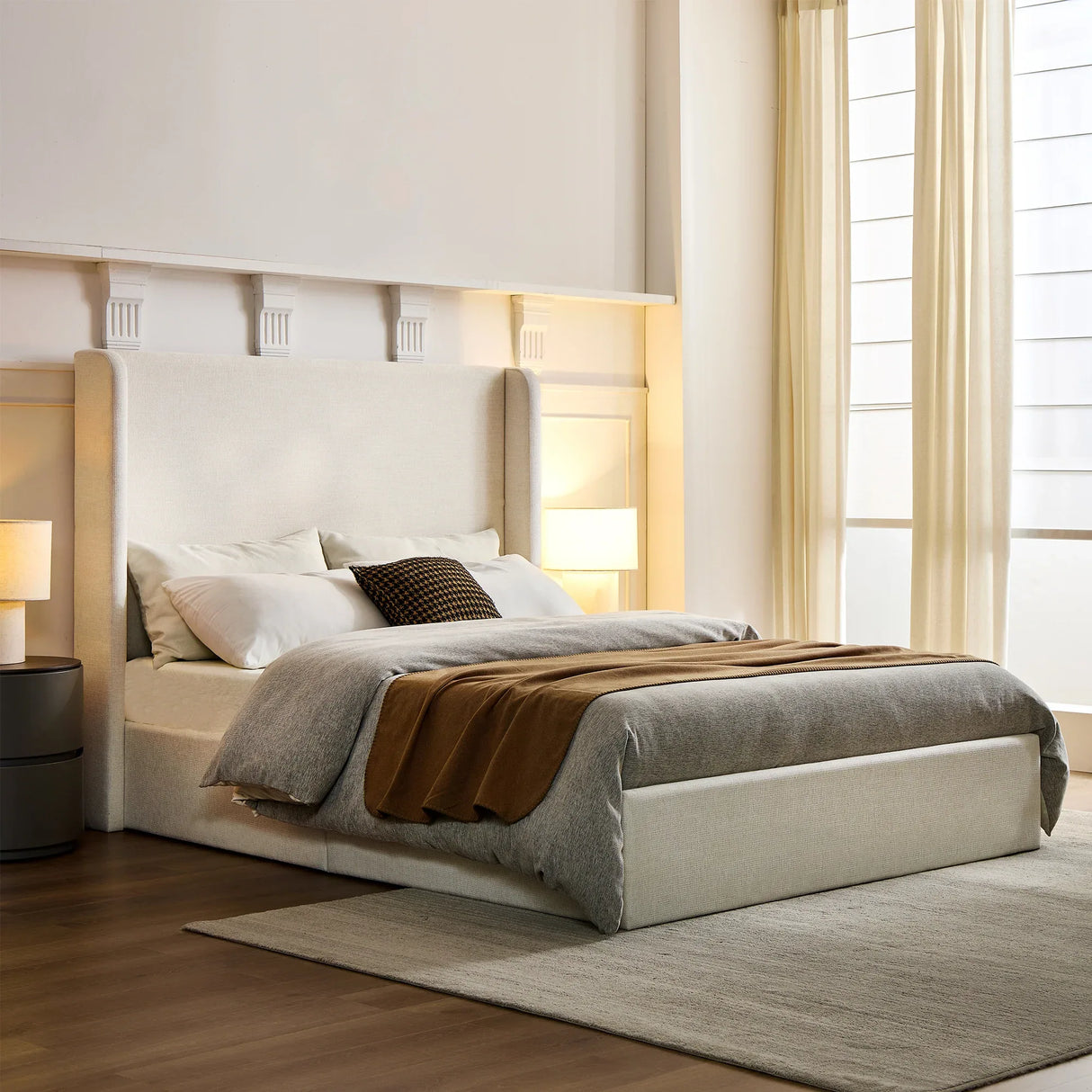 Queen Upholstered Wingback Chenille Fabric Bed Frame - Omega Lifestyles