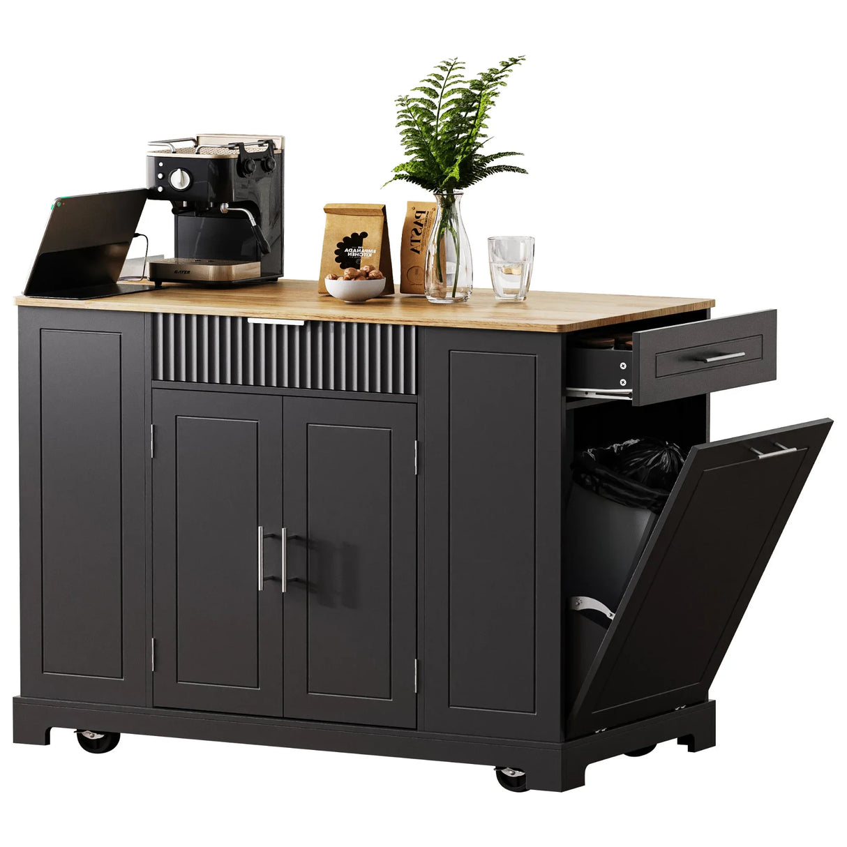 Fluted Rubber Wood Kitchen Island With Trash Can Cabinet - Omega Lifestyles
