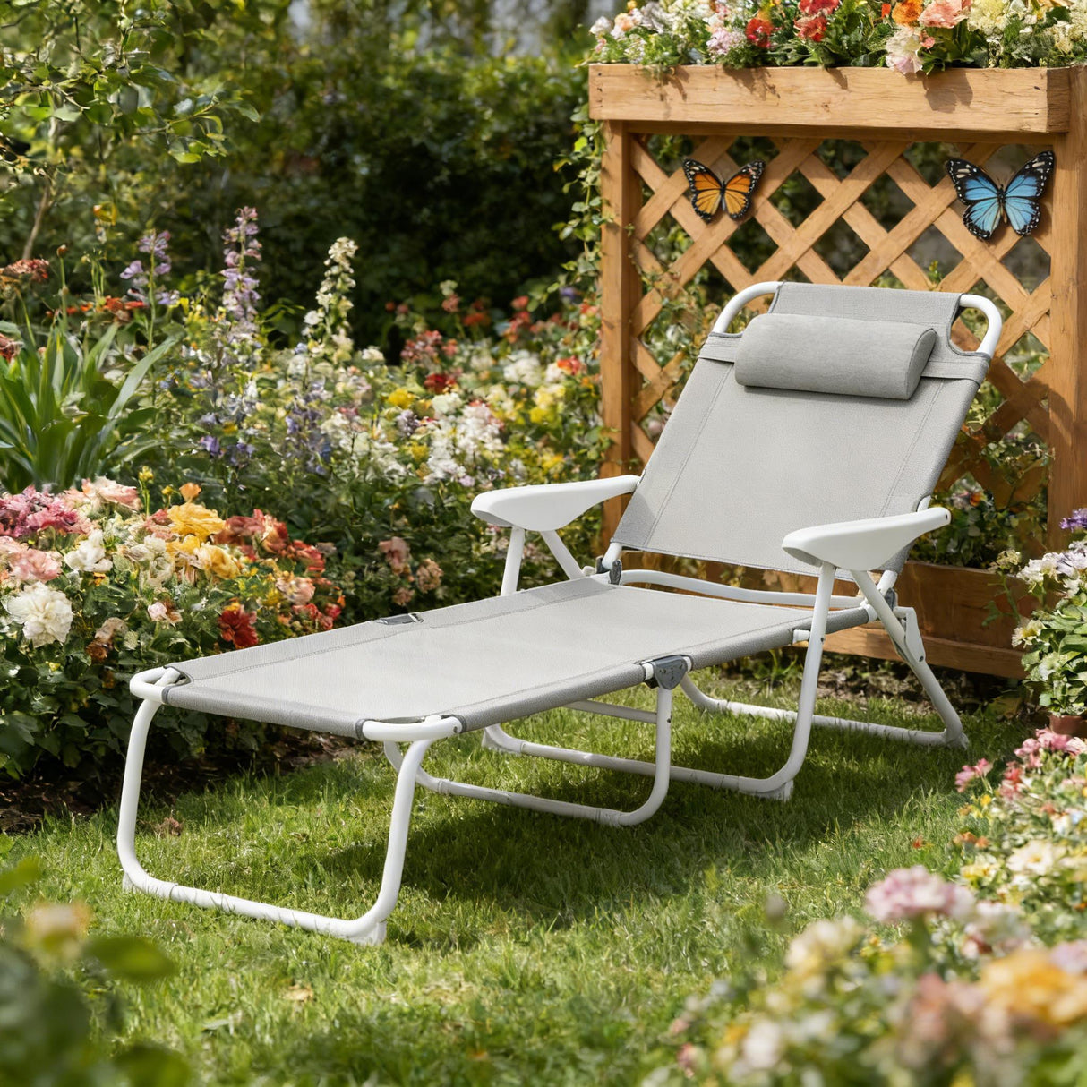 Light Gray Folding Adjustable Outdoor Mesh Chaise Lounge Chair