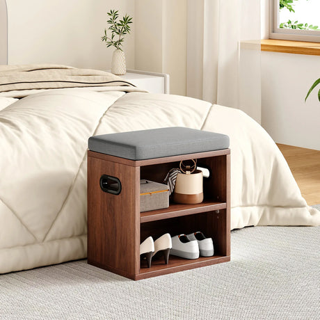 Walnut Wood Small Shoe Storage Bench With Cushion Seating - Omega Lifestyles