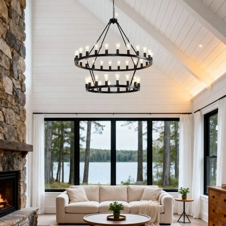 Matte Black Iron Wagon Wheel Farmhouse Chandelier 47-Inch - Omega Lifestyles