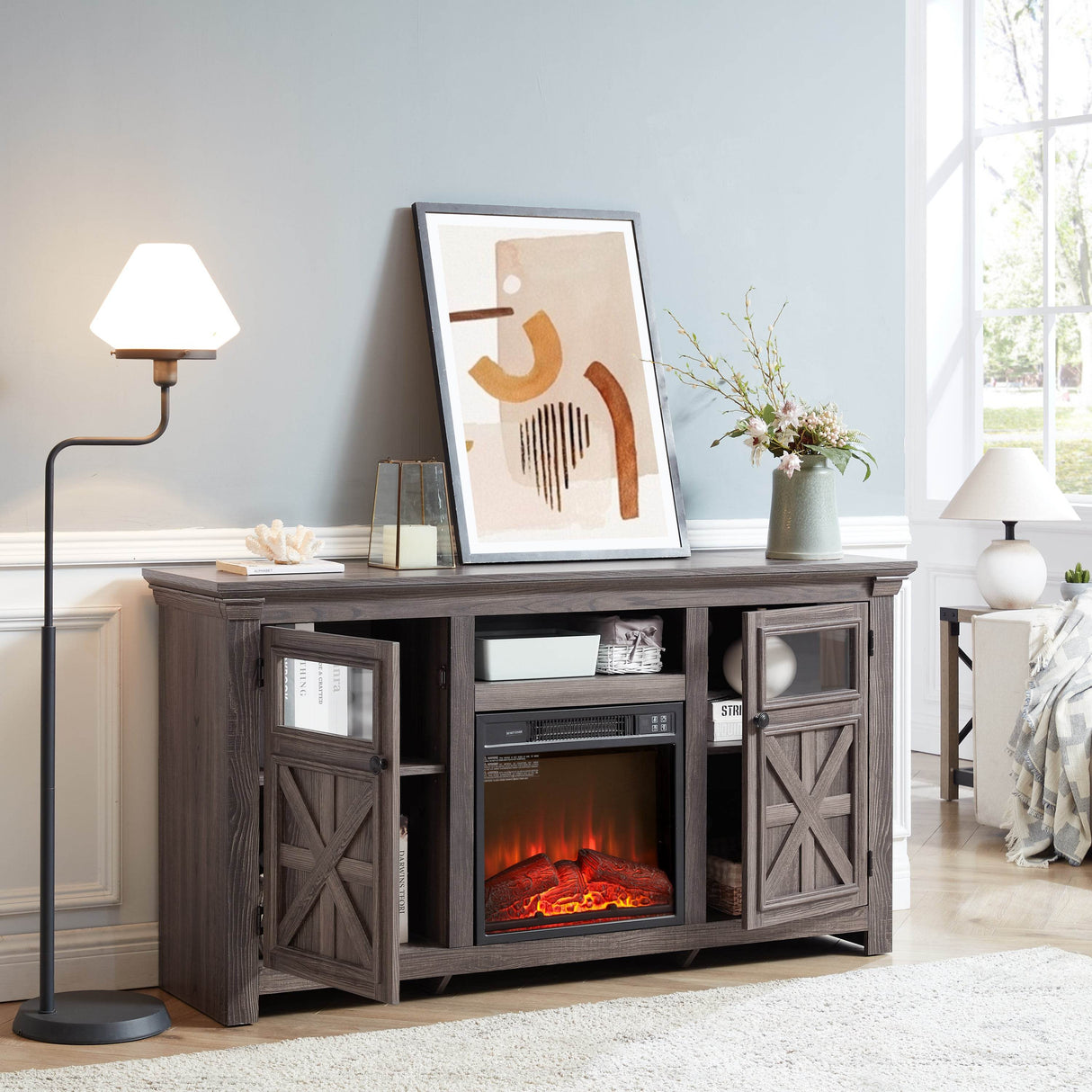 Farmhouse Fireplace TV Stand Console Cabinet Gray - Sleep Galleria