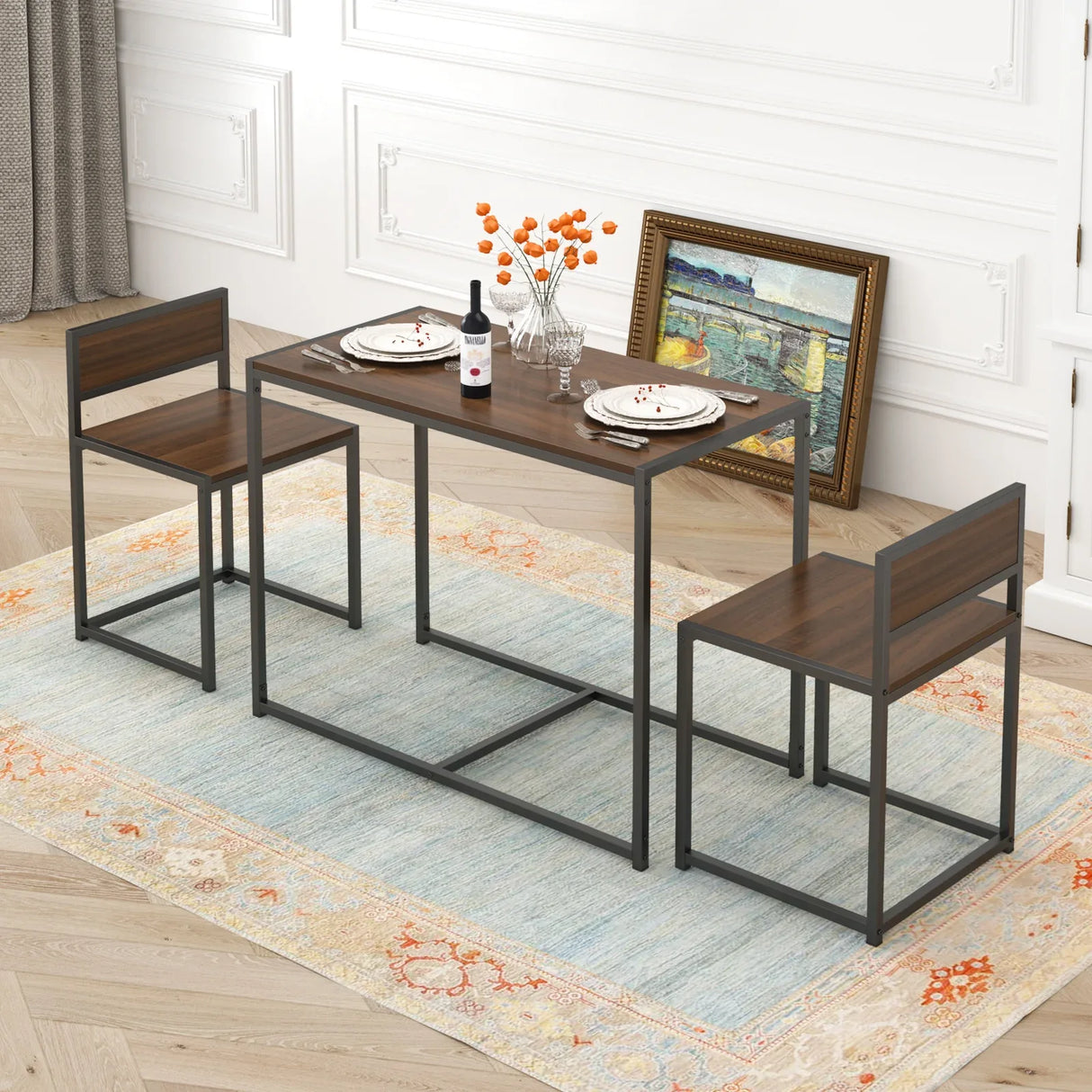 Modern Rectangular Brown MDF 3-Piece Dining Table Set - Omega Lifestyles