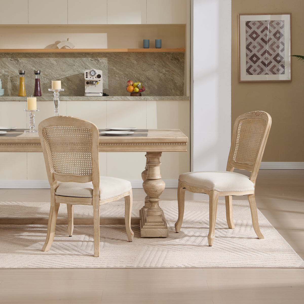 French Country Dining Chairs Set Of 2 With Rattan Backrest